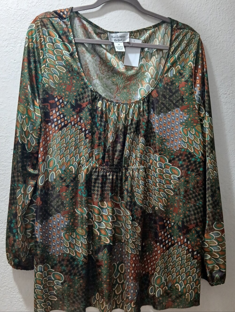 Katherine New York Nwot   2X Barclay Green Multi-Print Long Sleeve Tunic Top